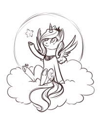 Size: 495x604 | Tagged: safe, artist:28gooddays, princess luna, g4, black and white, cloud, female, grayscale, monochrome, simple background, sketch, solo, spread wings, stars, underhoof, white background