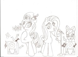 Size: 2338x1700 | Tagged: safe, artist:tay-houby, apple bloom, fluttershy, rarity, g4, black and white, grayscale, hat, karaoke, microphone, monochrome, music, music notes