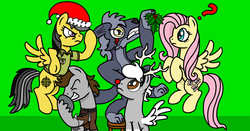 Size: 1212x633 | Tagged: safe, artist:tay-houby, daring do, fluttershy, oc, oc:tay, oc:vladimir, g4, brayan, christmas, holly, holly mistaken for mistletoe