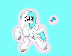 Size: 900x700 | Tagged: safe, artist:tay-houby, oc, oc only, oc:eticalway, butterfly, pegasus, pony, flying, open mouth, simple background, smiling, solo, teal background
