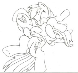 Size: 1409x1312 | Tagged: safe, artist:tay-houby, rainbow dash, scootaloo, pegasus, pony, g4, black and white, grayscale, laughing, monochrome, raspberry, scootalove, tickling, tummy buzz