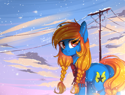 Size: 1024x783 | Tagged: safe, artist:ten-dril, oc, oc only, oc:starlyfly, braid, clothes, scarf, snow, snowfall, solo