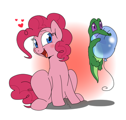 Size: 1000x950 | Tagged: safe, artist:haden-2375, gummy, pinkie pie, earth pony, pony, g4, balloon, blushing, cute, diapinkes, duo, female, heart, looking at you, mare, open mouth, sitting