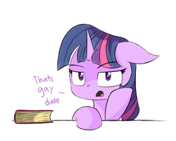 Size: 2000x1600 | Tagged: safe, artist:malphee, twilight sparkle, g4, book, dialogue, female, floppy ears, looking at you, open mouth, simple background, solo, that's gay, twilight sparkle is not amused, unamused, white background