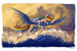 Size: 1772x1181 | Tagged: safe, artist:plainoasis, rainbow dash, pegasus, pony, g4, cloud, female, flying, mare, smiling, solo, spread wings, water, wave, windswept mane