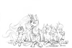 Size: 1400x938 | Tagged: safe, artist:baron engel, princess celestia, oc, oc:blood feather, oc:phoenix, oc:quick silver, g4, grayscale, lying down, magic, monochrome, pencil drawing, simple background, sketch, story included, traditional art, white background