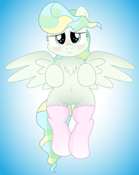 Size: 2786x3500 | Tagged: safe, artist:an-tonio, vapor trail, g4, belly button, blushing, chest fluff, clothes, female, fluffy, high res, lidded eyes, looking at you, smiling, socks, solo, spread wings