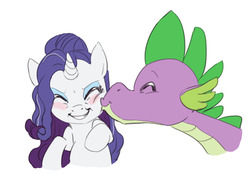 Size: 900x630 | Tagged: safe, artist:carnifex, rarity, spike, dragon, pony, unicorn, g4, blushing, cheek kiss, cute, duo, eyes closed, female, grin, kissing, male, older, older spike, ship:sparity, shipping, simple background, smiling, squishy cheeks, straight, white background