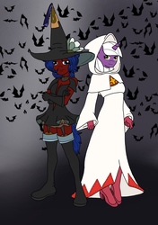 Size: 1039x1476 | Tagged: safe, artist:linedraweer, oc, oc only, oc:brightmane, oc:emberfrost, bat, anthro, plantigrade anthro, anthro oc, clothes, commission, costume, halloween, hat