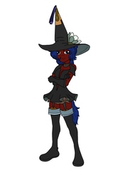Size: 1039x1476 | Tagged: safe, artist:linedraweer, oc, oc only, oc:emberfrost, anthro, plantigrade anthro, anthro oc, clothes, commission, costume, halloween, hat, solo, witch