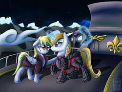 Size: 1280x960 | Tagged: safe, artist:elmutanto, derpy hooves, prince blueblood, pegasus, pony, fanfic:where is my love?, g4, airship, alternate universe, armor, clothes, coat, derpblood, fanfic, fanfic art, female, levitation, magic, male, mare, mountain, mountain range, night, prince blueblood gets all the mares, romance, shipping, straight, telekinesis