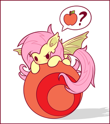 Size: 1125x1275 | Tagged: safe, artist:symbianl, part of a set, fluttershy, bat pony, pony, g4, apple, ball, blushing, chibi, confused, cute, ear fluff, female, flutterbat, food, nom, part of a series, prone, question mark, race swap, raised eyebrow, shadow, shyabates, shyabetes, simple background, solo, spread wings, symbianl's chibis, white background