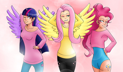 Size: 1500x883 | Tagged: safe, artist:jessiexie, fluttershy, pinkie pie, twilight sparkle, human, g4, clothes, flutterr mlh, horn, horned humanization, humanized, leotard, one eye closed, pants, shirt, spread wings, twilight sparkle (alicorn), winged humanization, wink