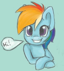 Size: 771x861 | Tagged: safe, artist:dbleki, rainbow dash, g4, blue background, cute, dashabetes, female, grin, looking at you, simple background, smiling, solo, traditional art