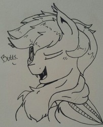 Size: 1039x1280 | Tagged: safe, artist:notenoughapples, oc, oc only, oc:apples, bat pony, pony, butts, inktober, monochrome, one eye closed, race swap, solo, traditional art, wink