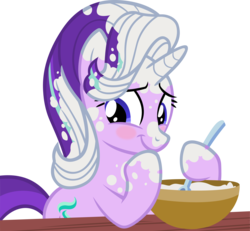 Size: 3211x2968 | Tagged: safe, artist:ironm17, starlight glimmer, pony, unicorn, every little thing she does, g4, baking, blushing, cute, embarrassed, female, flour, glimmerbetes, high res, looking back, mare, messy, raised hoof, simple background, smiling, solo, spoon, table, transparent background, vector