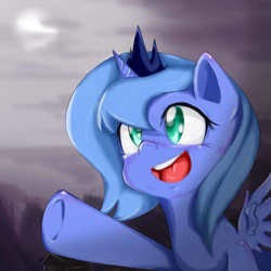 Size: 512x512 | Tagged: safe, artist:mikedom, princess luna, g4, :d, colored pupils, cute, female, filly, gray background, looking at something, lunabetes, moon, open mouth, reaching, simple background, smiling, solo, spread wings, underhoof, woona, younger