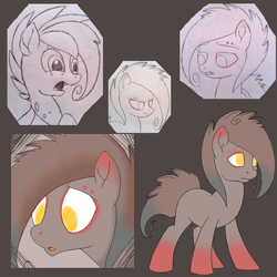 Size: 1000x1000 | Tagged: safe, artist:divergentassailant, artist:ponyponyena, oc, oc only, oc:flightless, changeling, earth pony, pony, alternate hairstyle, annoyed, bust, collage, fangs, portrait, simple background, solo, species swap, standing, surprised, unamused