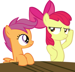 Size: 11510x11028 | Tagged: safe, artist:cyanlightning, apple bloom, scootaloo, g4, twilight time, .svg available, absurd resolution, simple background, table, transparent background, unamused, vector