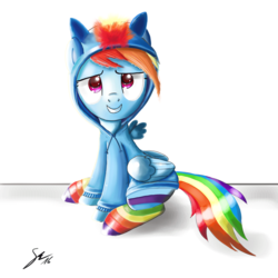 Size: 2000x2000 | Tagged: safe, artist:shogundun, rainbow dash, pegasus, pony, g4, clothes, colored pupils, cute, dashabetes, female, high res, hoodie, looking at you, rainbow socks, signature, socks, solo, striped socks