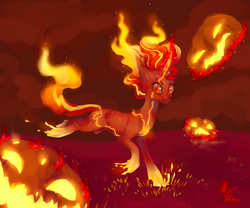 Size: 6000x5000 | Tagged: safe, artist:coconuthound, sunset shimmer, pony, unicorn, g4, absurd resolution, female, fiery shimmer, fire, halloween, jack-o-lantern, mane of fire, on fire, pumpkin, solo