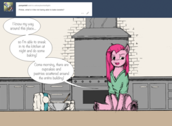 Size: 1219x892 | Tagged: safe, artist:dreamingnoctis, pinkie pie, ask asylum twilight, g4, bowl, female, flour, mixing bowl, pinkamena diane pie, solo, underhoof, unshorn fetlocks