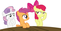 Size: 15466x8051 | Tagged: safe, artist:cyanlightning, apple bloom, scootaloo, sweetie belle, g4, twilight time, .svg available, absurd resolution, cutie mark crusaders, simple background, surprised, transparent background, unamused, vector