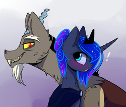 Size: 1600x1359 | Tagged: safe, artist:elementalokami, discord, princess luna, g4, male, ship:lunacord, shipping, straight