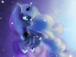 Size: 2048x1536 | Tagged: safe, artist:silviasilvar, princess luna, pony, g4, female, floating, lidded eyes, looking back, smiling, solo, spread wings