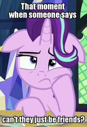 Size: 502x734 | Tagged: safe, edit, edited screencap, screencap, starlight glimmer, pony, unicorn, every little thing she does, g4, annoyed, bored, caption, cropped, female, floppy ears, frown, hoof on chin, horn, image macro, implied shipping, mare, meme, reaction image, solo