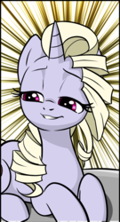 Size: 809x1497 | Tagged: safe, artist:pencils, oc, oc only, oc:fannie noveau, pony, unicorn, comic:anon's pie adventure, cropped, grin, lidded eyes, prone, punchable, smiling, smirk, smug, solo