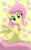 Size: 1200x1920 | Tagged: safe, artist:theroyalprincesses, fluttershy, pegasus, pony, g4, adorable face, cute, cutie mark background, female, looking at you, mare, raised hoof, shyabetes, simple background, sitting, smiling, solo, turned head, waifu, yellow background