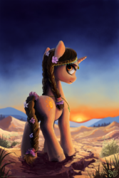 Size: 1000x1500 | Tagged: safe, artist:nemo2d, oc, oc only, oc:sun lotus, pony, unicorn, braid, depth of field, desert, female, flower, flower in hair, fluffy, jewelry, mare, rear view, scenery, signature, solo, sunset