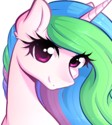 Size: 800x891 | Tagged: dead source, safe, artist:fluffymaiden, princess celestia, alicorn, pony, g4, bust, cute, cutelestia, ear fluff, eye clipping through hair, female, looking at you, mare, missing accessory, portrait, simple background, smiling, smiling at you, solo, white background