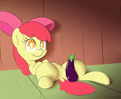 Size: 2000x1628 | Tagged: safe, artist:n0nnny, apple bloom, earth pony, pony, g4, dock, eggplant, female, filly, foal, food, looking at you, on back, smiling, solo, vegetables