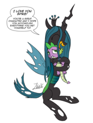 Size: 960x1280 | Tagged: safe, artist:zoarvek, queen chrysalis, spike, g4, cheese whiz, dialogue, eyes closed, hug, mouthpiece, open mouth, out of character, simple background, sitting, smiling, transparent background