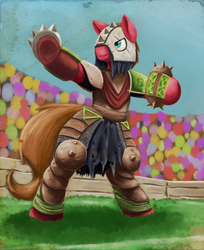 Size: 2085x2552 | Tagged: safe, artist:otakuap, oc, oc only, pony, skaven, armor, ball, bipedal, blood bowl, crossover, crowd, dangerous, grass field, high res, solo, spikes, sports, warhammer (game), warhammer fantasy