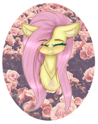 Size: 1069x1353 | Tagged: safe, artist:fellabyss, fluttershy, g4, blushing, bust, cute, ear fluff, eyes closed, female, floppy ears, fluffy, jewelry, necklace, portrait, shyabetes, smiling, solo