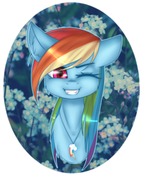 Size: 1155x1405 | Tagged: safe, artist:fellabyss, rainbow dash, g4, awesome, beautiful, bust, colored pupils, cute, dashabetes, ear fluff, female, flower, grin, jewelry, necklace, one eye closed, portrait, smiling, solo, wink