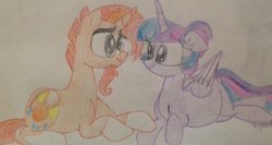 Size: 1024x545 | Tagged: safe, artist:doodletheexpoodle, sunburst, twilight sparkle, alicorn, pony, g4, male, pregnant, prone, ship:twiburst, shipping, straight, traditional art, twilight sparkle (alicorn)