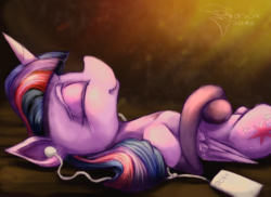 Size: 2200x1600 | Tagged: safe, artist:ferasor, twilight sparkle, alicorn, pony, g4, earbuds, female, relaxing, solo, twilight sparkle (alicorn)