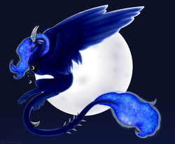 Size: 5700x4700 | Tagged: safe, artist:rubyflank, princess luna, dragon, feathered dragon, g4, absurd resolution, dragoness, dragonified, ethereal mane, female, full moon, lunadragon, moon, night, solo, species swap, starry mane