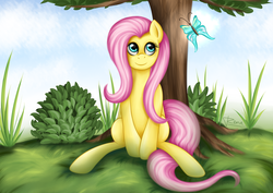 Size: 3508x2480 | Tagged: safe, artist:puggie, fluttershy, butterfly, g4, bush, cloud, cute, female, folded wings, high res, looking at something, nature, outdoors, shyabetes, sitting, soft shading, solo, tree, under the tree