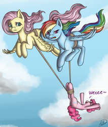 Size: 1100x1294 | Tagged: safe, artist:dreamyartcosplay, fluttershy, pinkie pie, rainbow dash, earth pony, pegasus, pony, g4, carrying, cloud, dialogue, female, flying, hanging, legs in air, mare, pinkie being pinkie, rainbow dash is not amused, rope, sky, spread wings, trio, varying degrees of amusement, wheeeee, windswept hair, windswept mane, worried