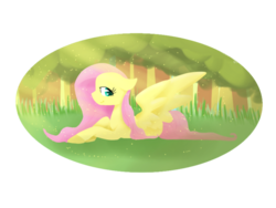 Size: 600x450 | Tagged: safe, artist:laps-sp, fluttershy, g4, colored hooves, crepuscular rays, female, floppy ears, forest, looking at you, looking back, lying down, smiling, solo, spread wings