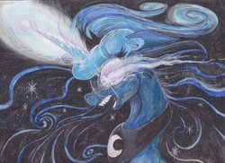Size: 2338x1701 | Tagged: safe, artist:scribblepwn3, princess luna, alicorn, pony, g4, angry, bust, crying, female, flowing mane, ink, magic, nightmare luna, solo, traditional art, watercolor painting