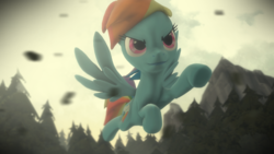 Size: 2560x1440 | Tagged: safe, artist:amfixer0, rainbow dash, g4, 3d, female, flying, mountain, poster, solo, source filmmaker, tree