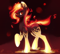Size: 2000x1800 | Tagged: safe, artist:thegraid, oc, oc only, elemental, fire pony, lava pony, pony, dark background, female, fire, lava, mane of fire, mare, red background, simple background, solo
