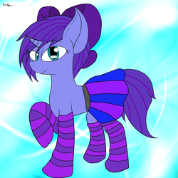 Size: 1500x1500 | Tagged: safe, artist:eclipsepenumbra, oc, oc only, oc:seafood dinner, pony, unicorn, bow, clothes, hair bow, looking at you, skirt, socks, solo, striped socks
