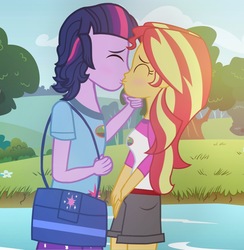 Size: 1056x1080 | Tagged: dead source, safe, artist:drewmwhit, sunset shimmer, twilight sparkle, equestria girls, g4, my little pony equestria girls: legend of everfree, bag, clothes, cute, dusk shine, duskabetes, eyes closed, half r63 shipping, kissing, male, rule 63, rule63betes, scenery, sci-dusk, ship:duskshimmer, ship:sunsetsparkle, shipping, shorts, straight